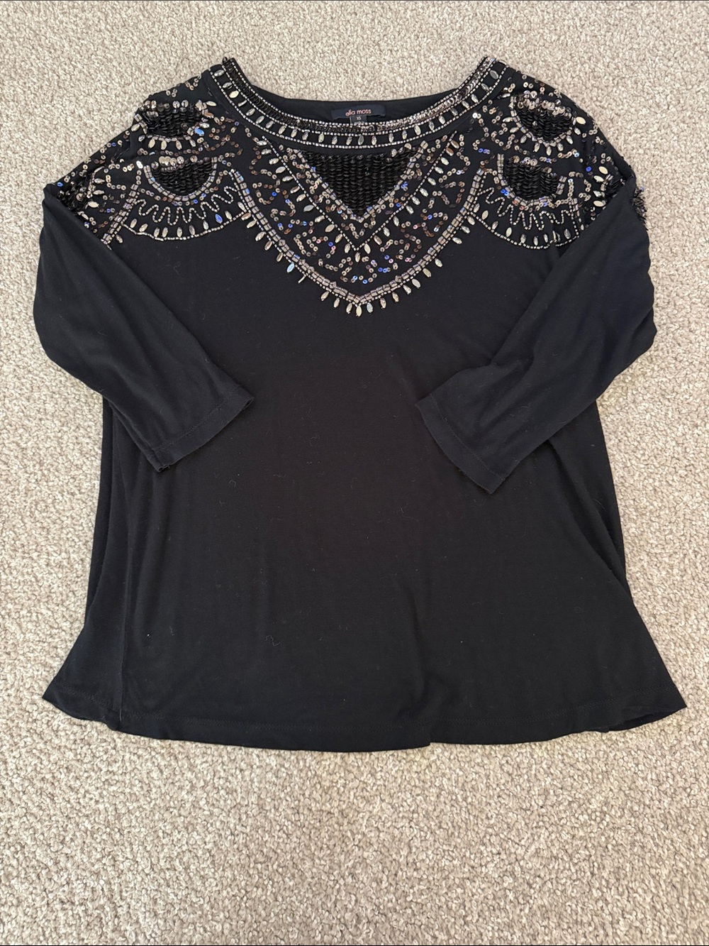 Ella Moss Black Beaded Embellished Long Sleeve Tee